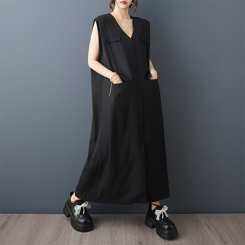 실사 2026 여름 드레스 새로운 다크 바람 민소매 검정색 드레스 패션 고급 센스 슬림해 보이는 점프 슈트 롱 스커트 이미지 2