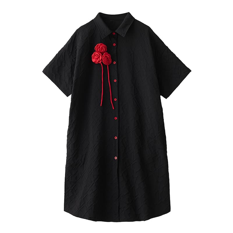 실사 여름 드레스 새로운 새로운 중식 셔츠 드레스 패션 루즈핏 슬림해 보이는 Boutonniere 장식 중간 길이 드레스 이미지 5