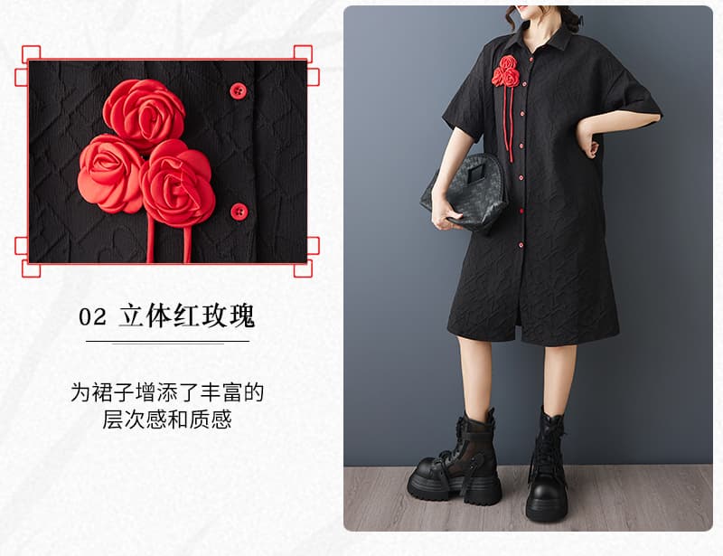 실사 여름 드레스 새로운 새로운 중식 셔츠 드레스 패션 루즈핏 슬림해 보이는 Boutonniere 장식 중간 길이 드레스 상세 이미지 7