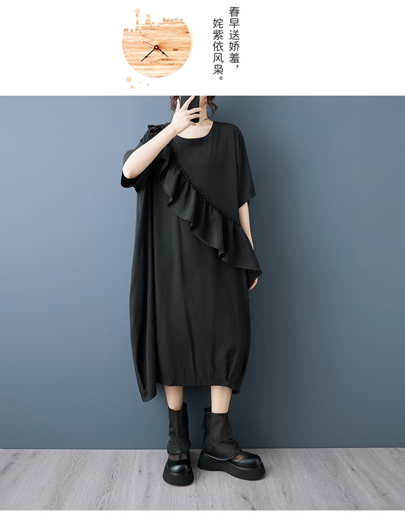 실사 여름 드레스 새로운 다크 바람 단색 연령 감소 빅 사이즈 드레스 패션 루즈핏 슬림해 보이는 중간 길이 드레스 상세 이미지 10