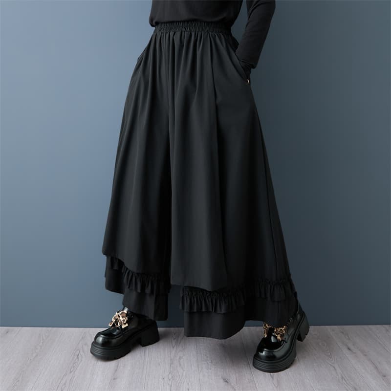 실사 봄 가을 새로운 일본식 무거운 작업 밑단 레이스 넓은 다리 9부 바지 패션 다용도 캐주얼 단색 바지 이미지 3