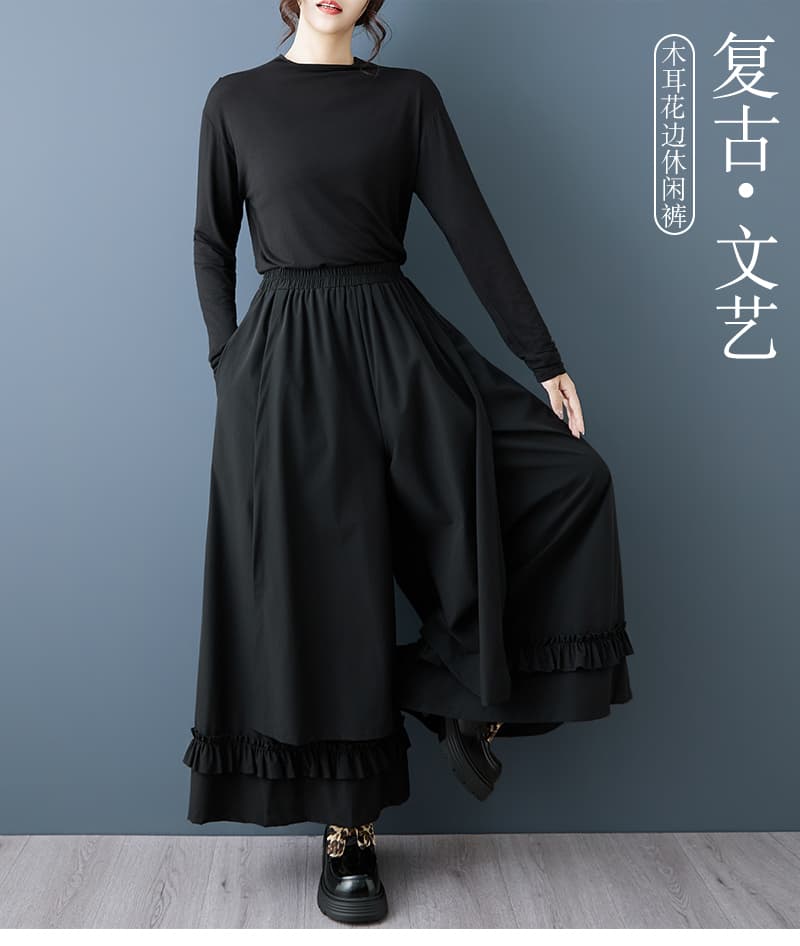 실사 봄 가을 새로운 일본식 무거운 작업 밑단 레이스 넓은 다리 9부 바지 패션 다용도 캐주얼 단색 바지 상세 이미지 1