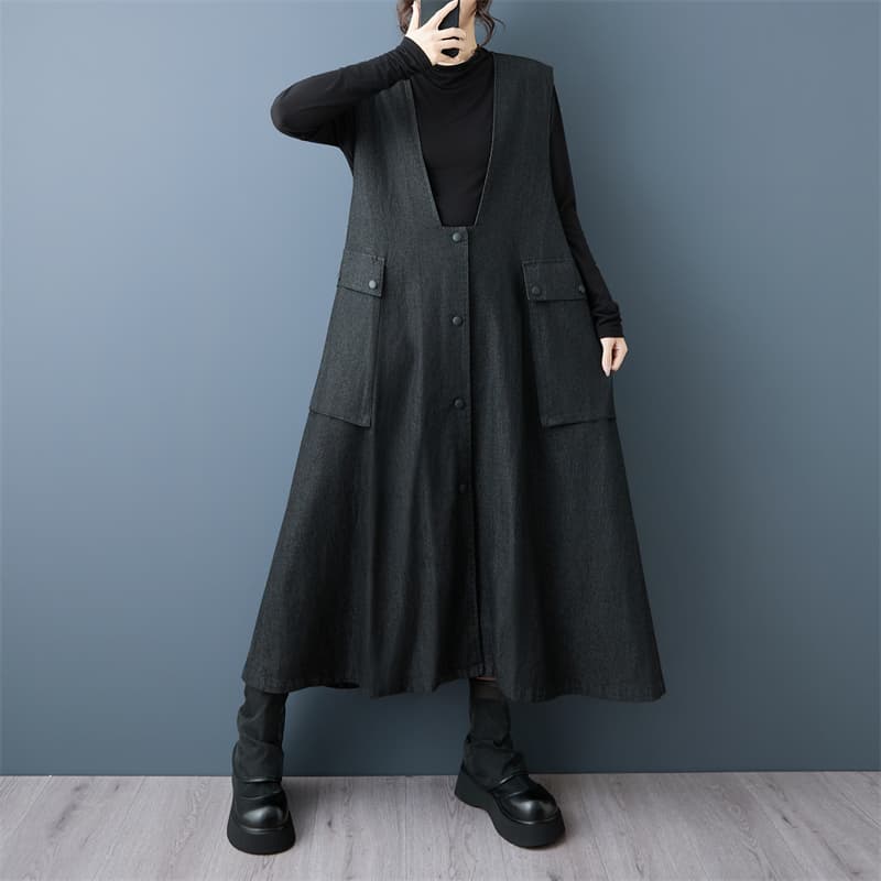 실사 가을 의상 새로운 다크 바람 멜빵 드레스 패션 다용도 슬림해 보이는 루즈핏 중간 길이 데님 베스트 치마 이미지 2