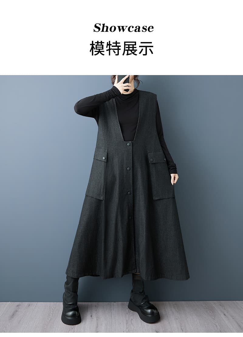실사 가을 의상 새로운 다크 바람 멜빵 드레스 패션 다용도 슬림해 보이는 루즈핏 중간 길이 데님 베스트 치마 상세 이미지 9