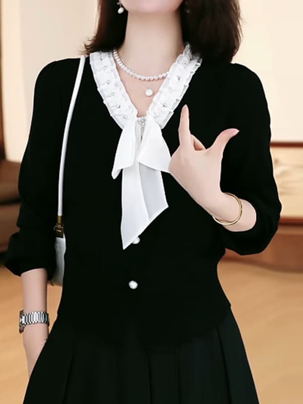 2026 페이크 레이어드 가을 겨울 패션 빛 럭셔리 검정색 긴팔 니트 스웨터 맨위 이미지 3