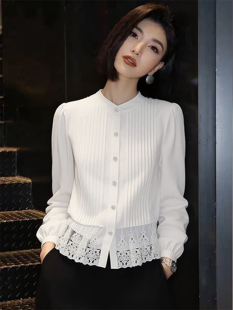 프랑스식 우아함 스탠드 칼라 화이트 긴팔 레이스 조각 여성 셔츠 2026 년 봄 새로운 출퇴근 미니멀리즘 맨위 상세 이미지 3