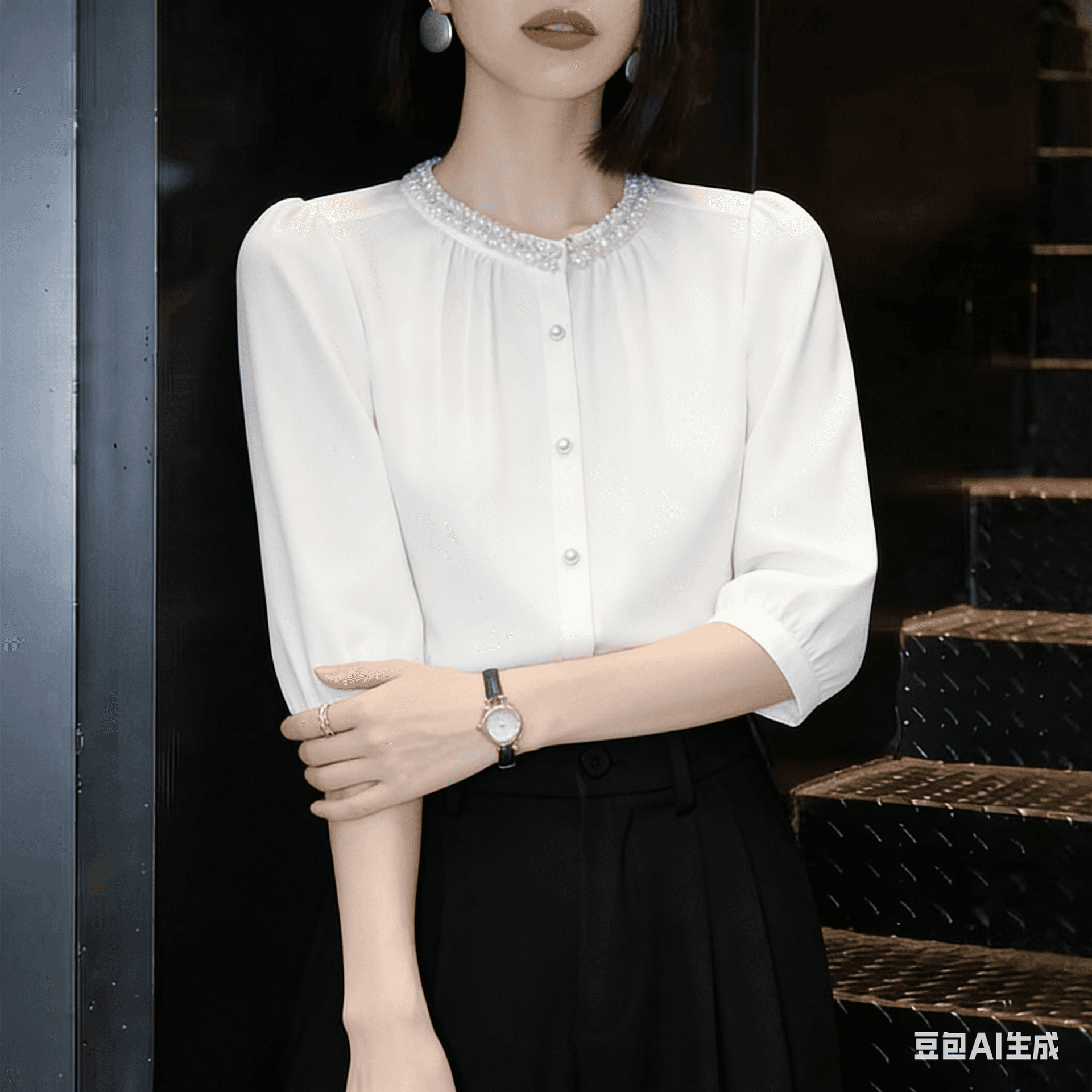 빛 직업 바람 무거운 작업 비즈 박기 다이아몬드 세팅 라운드 넥 새틴 여성 셔츠 여름 디자인 센스 주름 7부 소매 맨위 이미지 3
