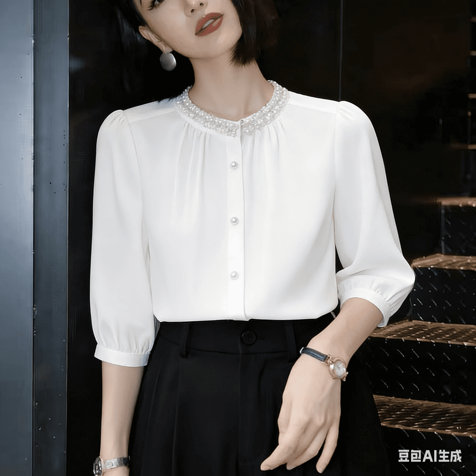 빛 직업 바람 무거운 작업 비즈 박기 다이아몬드 세팅 라운드 넥 새틴 여성 셔츠 여름 디자인 센스 주름 7부 소매 맨위 이미지 4