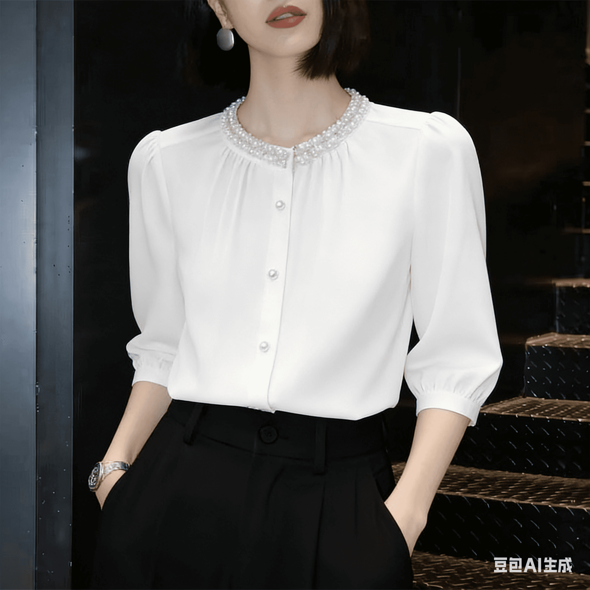 빛 직업 바람 무거운 작업 비즈 박기 다이아몬드 세팅 라운드 넥 새틴 여성 셔츠 여름 디자인 센스 주름 7부 소매 맨위 상세 이미지 2