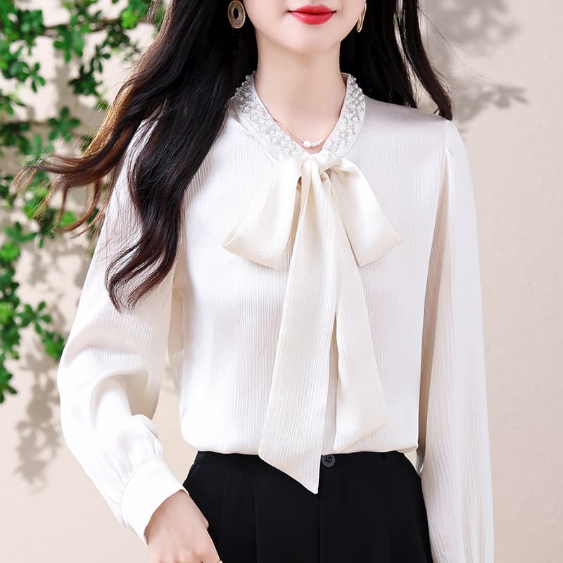 실사 프랑스식 비즈 박기 리본 칼라 여성 셔츠 2026 고급 센스 새틴 긴팔 출퇴근 품격 나비 매듭 맨위 이미지 4