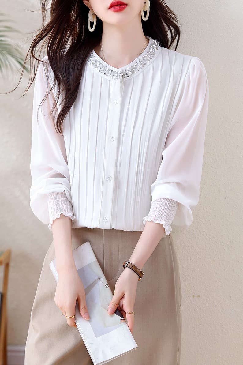 실사 빛 럭셔리 비즈 박기 칼라 플리츠 허리 수축 여성 셔츠 2026 품격 슬림해 보이는 디자인 센스 긴팔 맨위 이미지 7