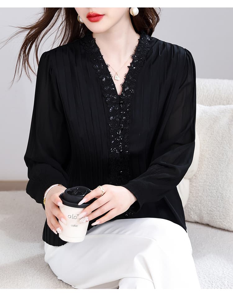모래 시계 허리 구슬 자수 와이드 제직 수공 비즈 박기 라운드 넥 쉬폰 셔츠 상세 이미지 21
