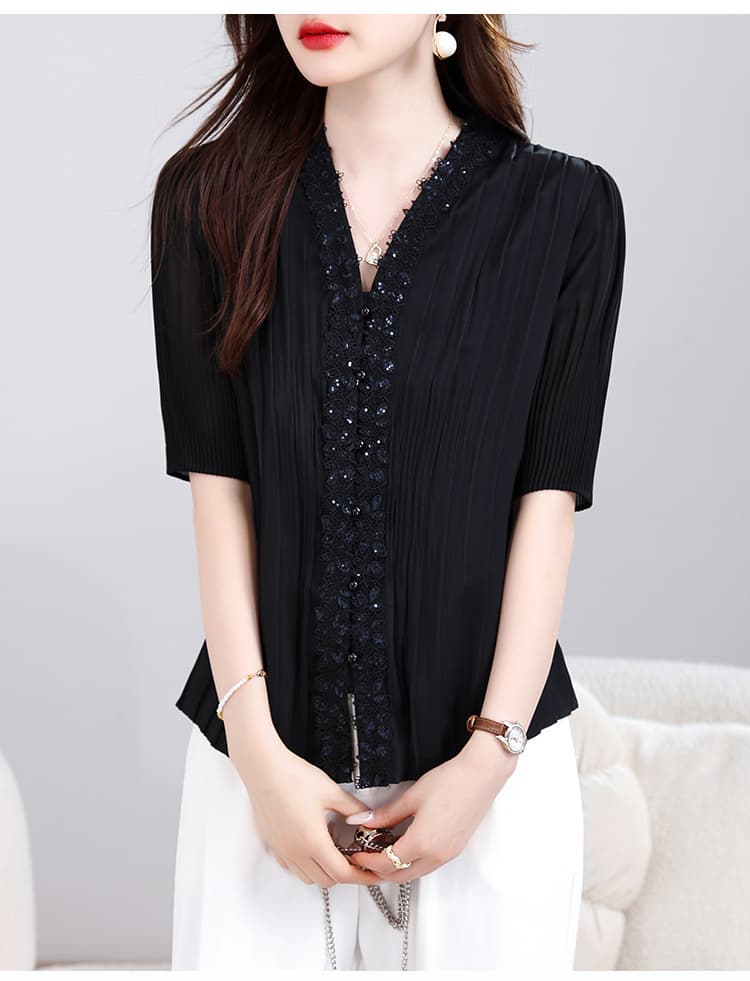 실사 2026 봄 여름 새로운 V넥 레이스 비즈 박기 플리츠 디자인 센스 슬림해 보이는 반팔 여성 셔츠 상세 이미지 28