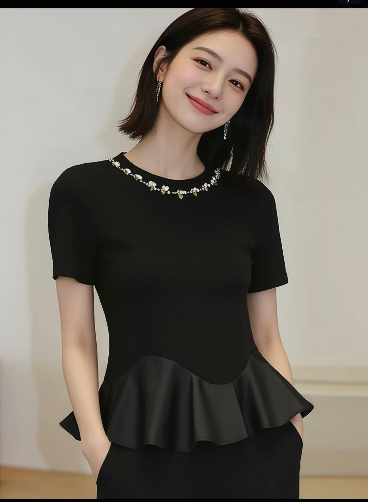 프랑스식 무거운 작업 못 훈련 라운드 넥 반팔 프릴 맨위 여성 여름 새로운 살구 색상 몸매 가꾸기 슬림해 보이는 품격 작은 셔츠 이미지 3