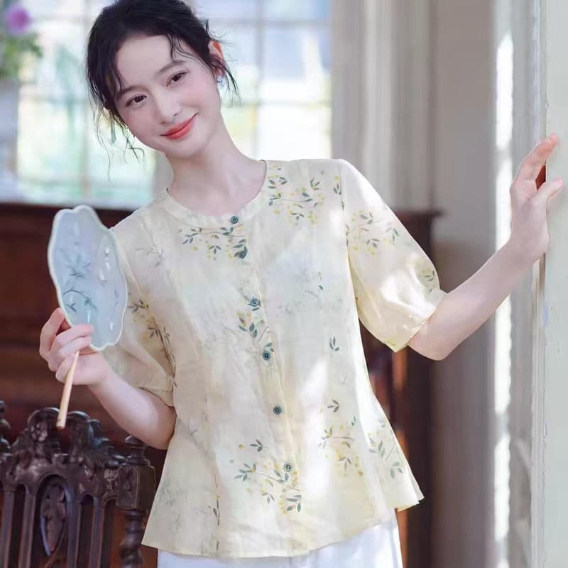 모방 라미 프린트 셔츠 여성용 짧은 소매 몸매 가꾸기 디자인 센스 2026 여름 새로운 여성 의류 품격 우아함 맨위