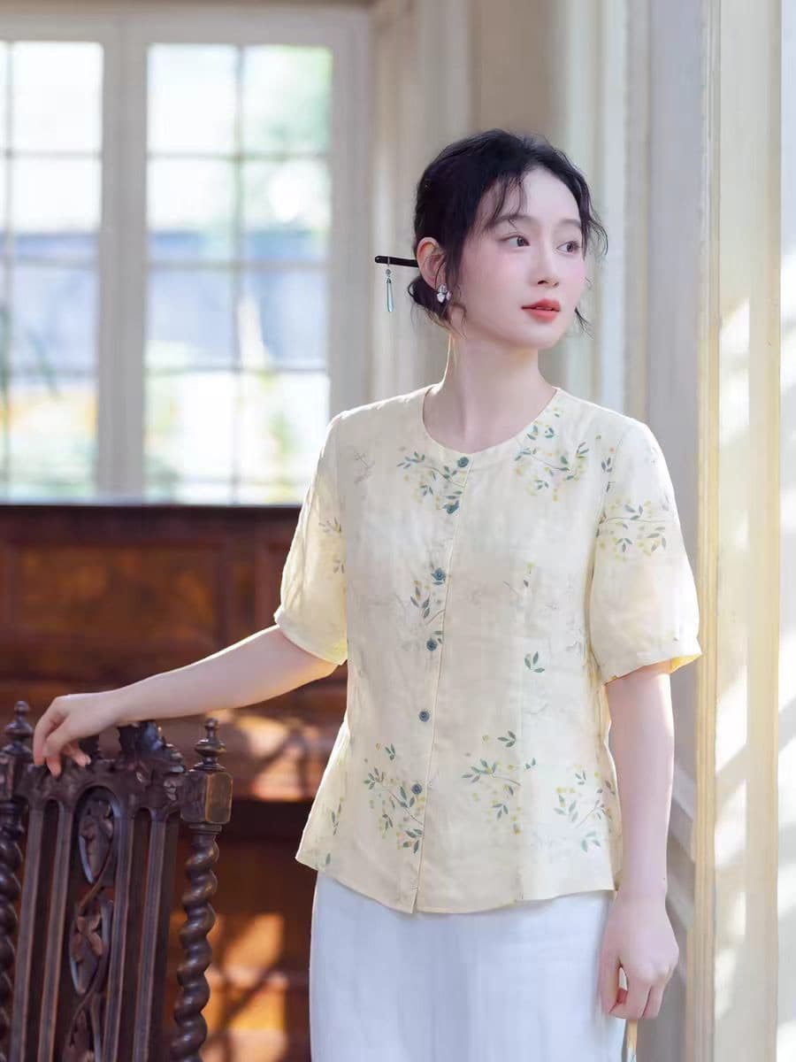 모방 라미 프린트 셔츠 여성용 짧은 소매 몸매 가꾸기 디자인 센스 2026 여름 새로운 여성 의류 품격 우아함 맨위 이미지 2
