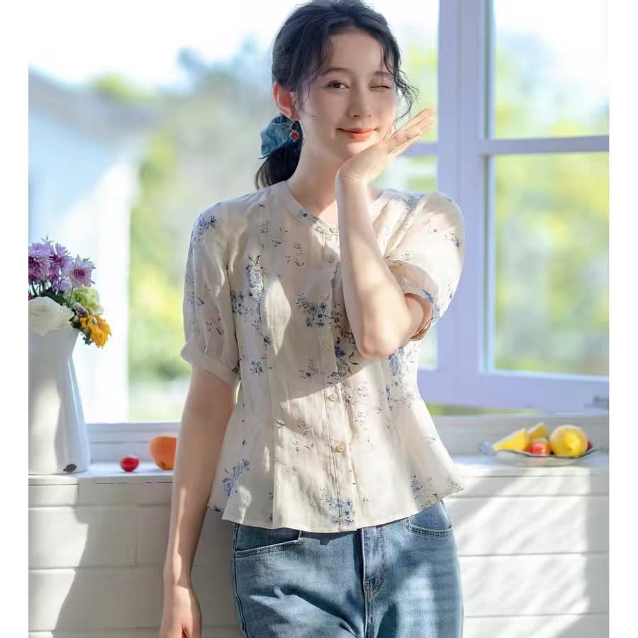 모방 라미 프린트 셔츠 여성용 짧은 소매 몸매 가꾸기 디자인 센스 2026 여름 새로운 여성 의류 품격 우아함 맨위 상세 이미지 2