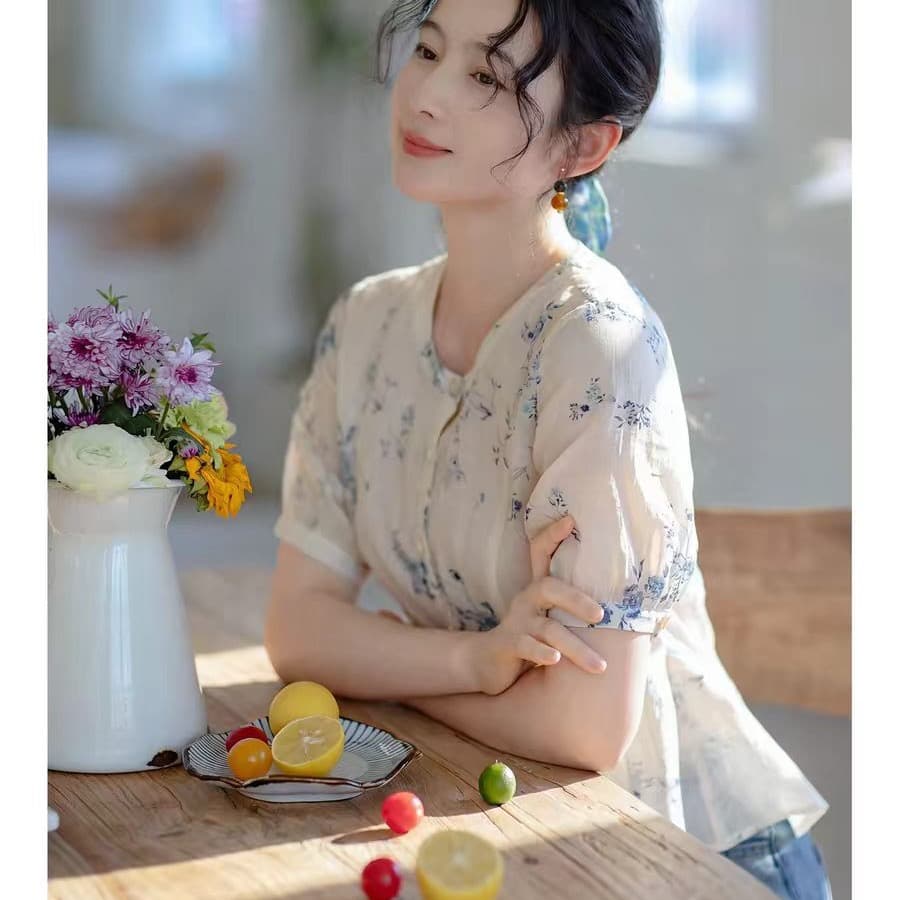 모방 라미 프린트 셔츠 여성용 짧은 소매 몸매 가꾸기 디자인 센스 2026 여름 새로운 여성 의류 품격 우아함 맨위 상세 이미지 5
