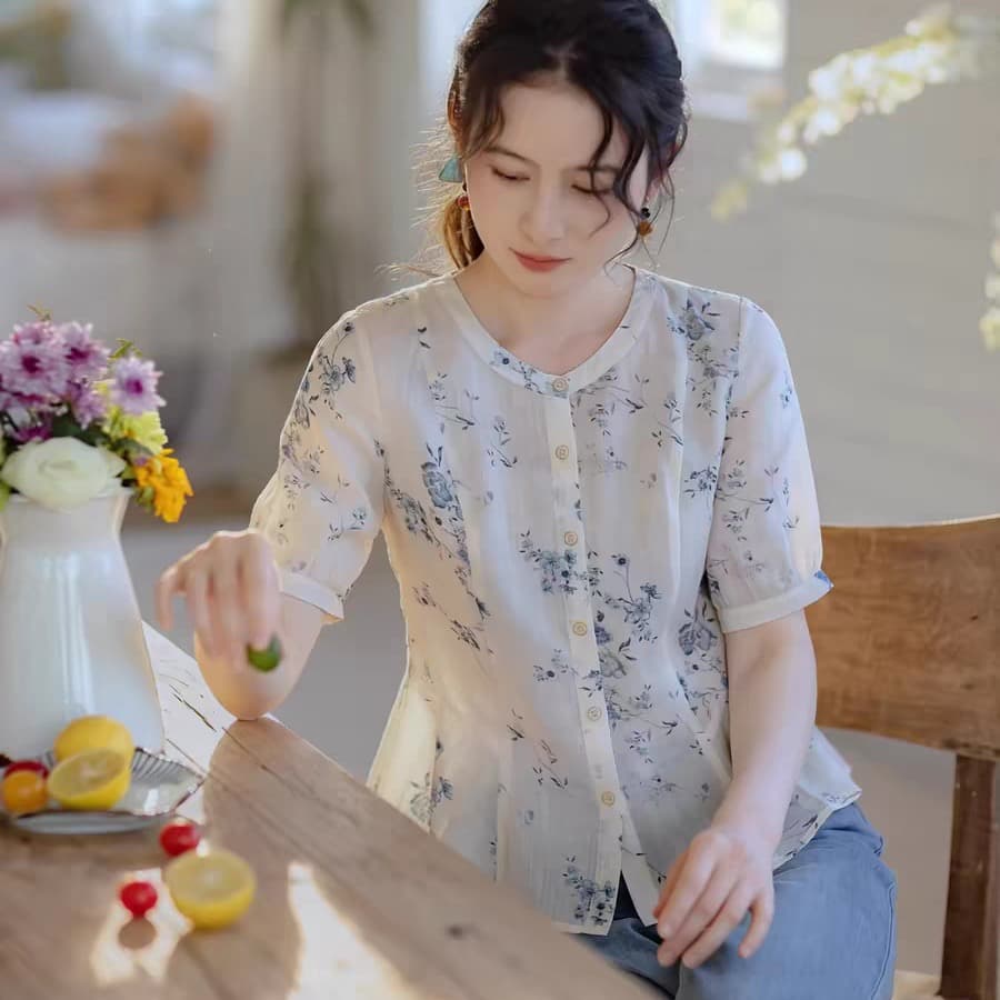 모방 라미 프린트 셔츠 여성용 짧은 소매 몸매 가꾸기 디자인 센스 2026 여름 새로운 여성 의류 품격 우아함 맨위 상세 이미지 6