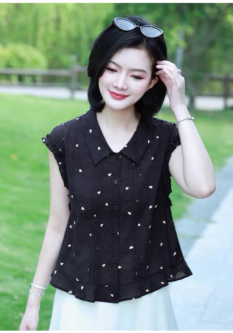 패션 다용도 하트 프린트 민소매 셔츠 여름 외국 가스 여성 셔츠 이미지 2