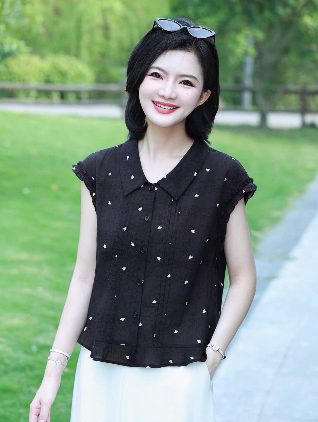 패션 다용도 하트 프린트 민소매 셔츠 여름 외국 가스 여성 셔츠 상세 이미지 1