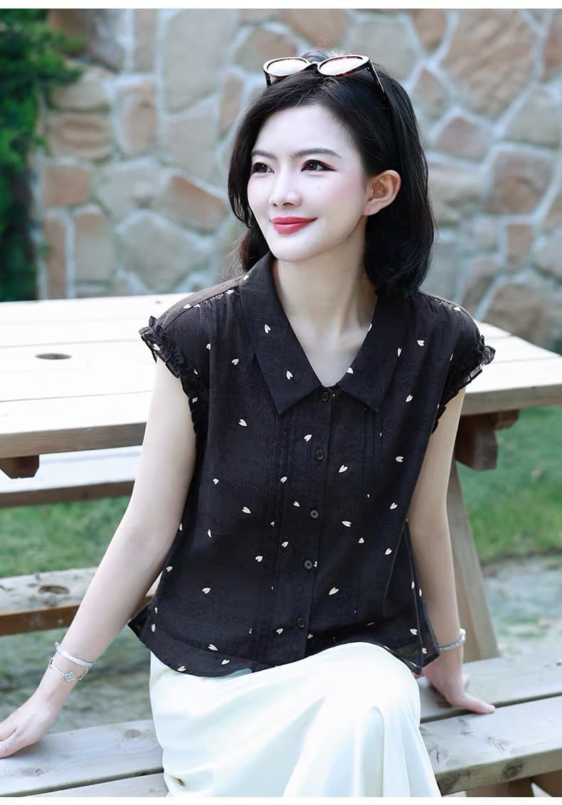 패션 다용도 하트 프린트 민소매 셔츠 여름 외국 가스 여성 셔츠 상세 이미지 4