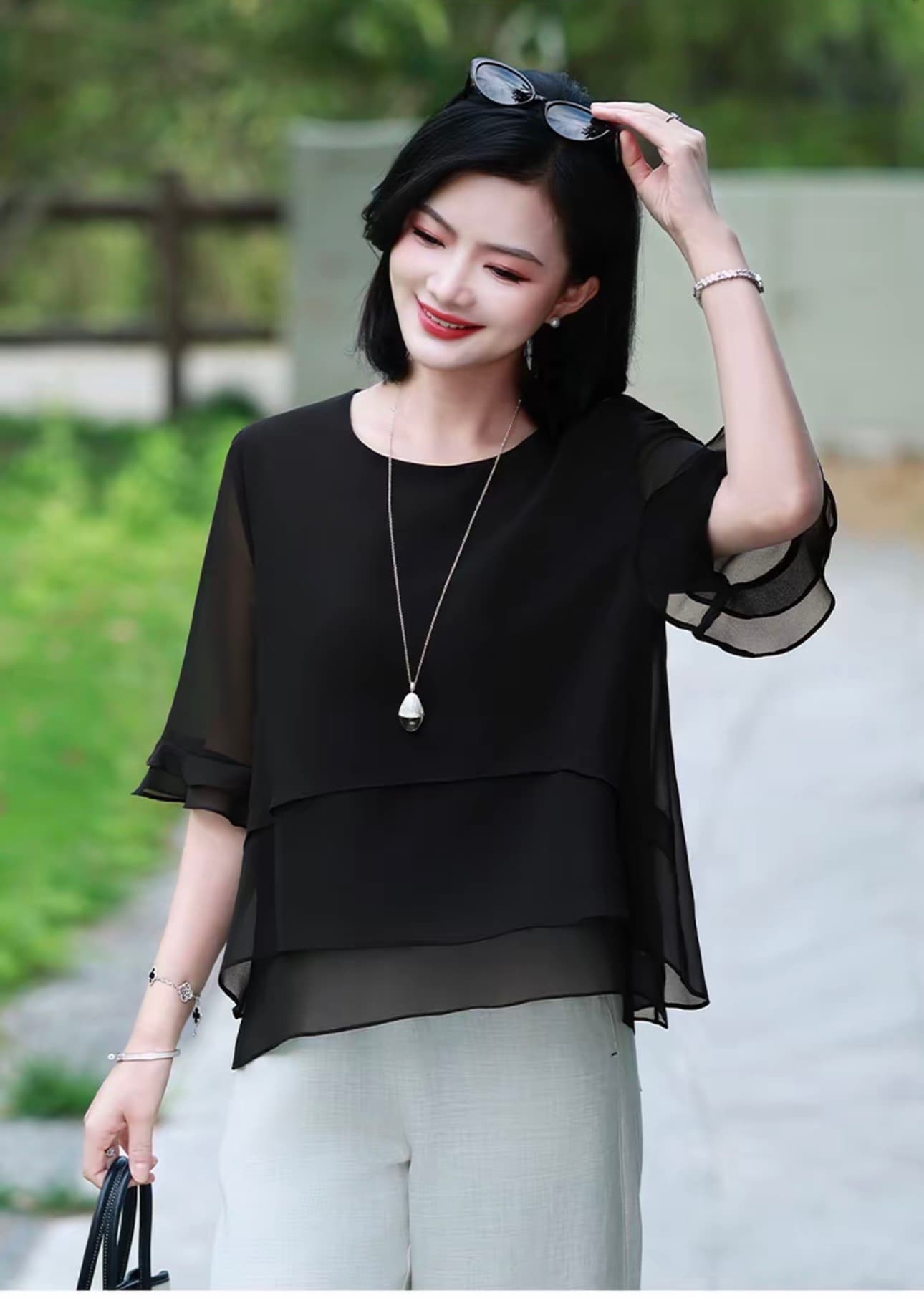 2026 새로운 루즈핏 슬림해 보이는 표지 미트볼 칼라 레이스 5 점 소매 작은 셔츠 여성 여름 얇은 스타일 출퇴근 맨위 상세 이미지 1