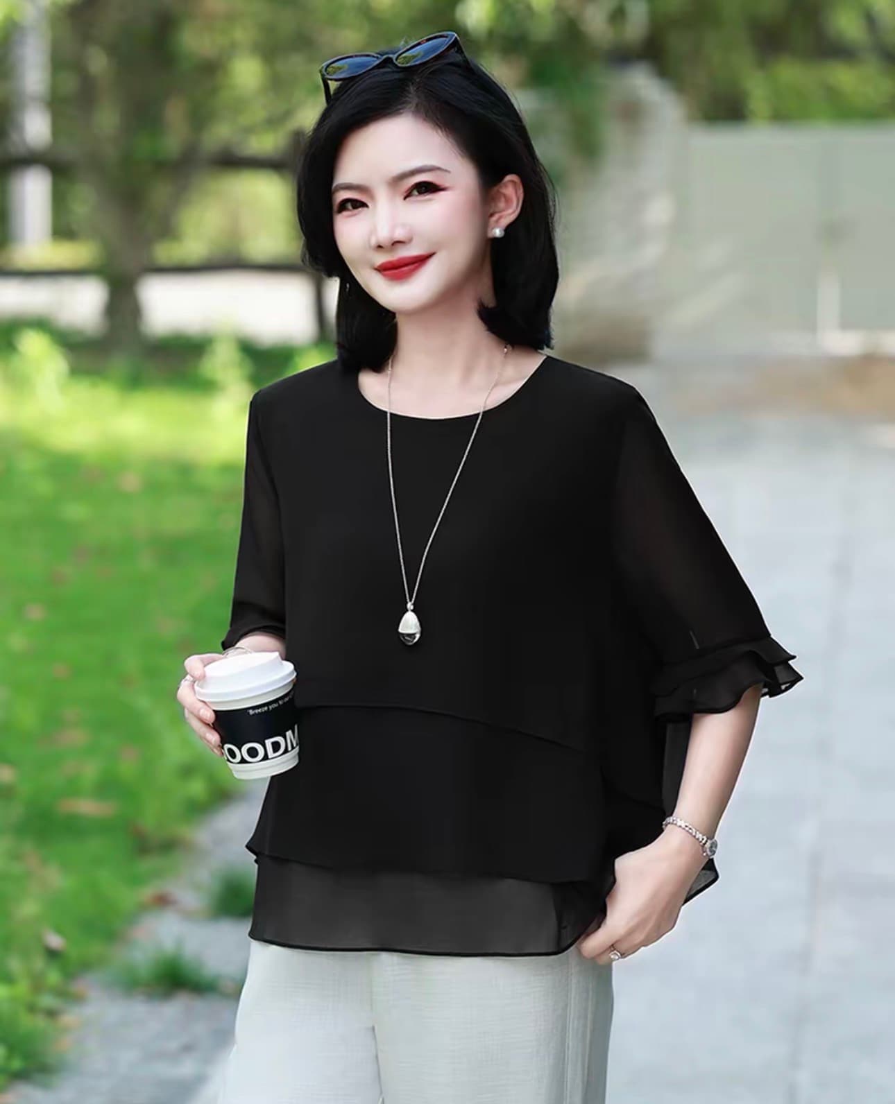 2026 새로운 루즈핏 슬림해 보이는 표지 미트볼 칼라 레이스 5 점 소매 작은 셔츠 여성 여름 얇은 스타일 출퇴근 맨위 상세 이미지 2