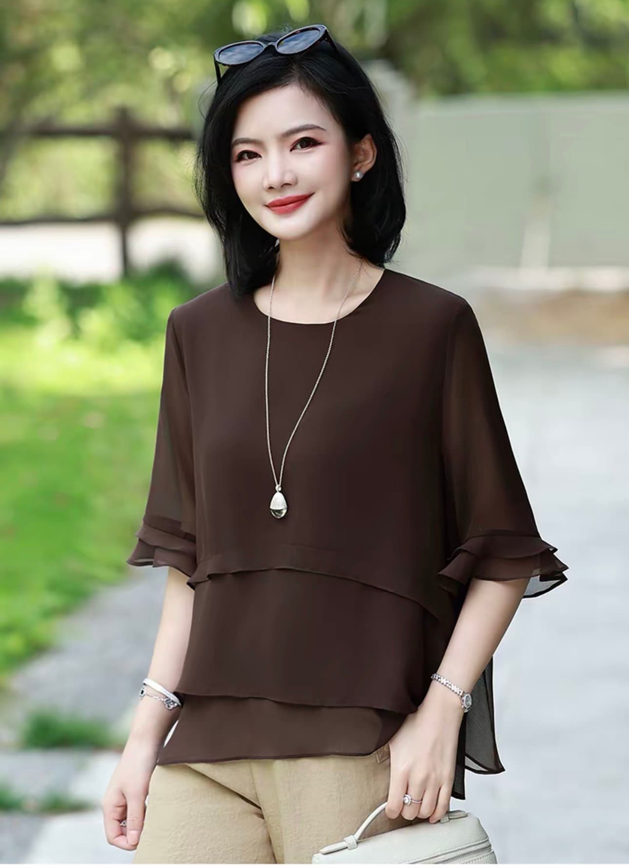2026 새로운 루즈핏 슬림해 보이는 표지 미트볼 칼라 레이스 5 점 소매 작은 셔츠 여성 여름 얇은 스타일 출퇴근 맨위 상세 이미지 6