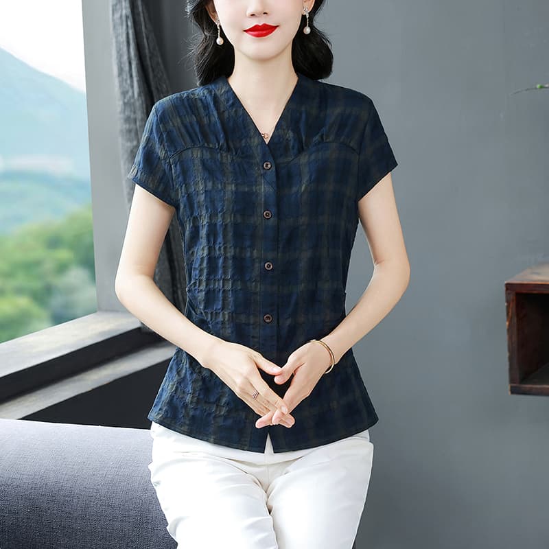 실사 2026 여름 새로운 후아 남편 그리드 프로 피부 통기성 반팔 디자이너 V넥 허리 수축 셔츠 여성 이미지 3