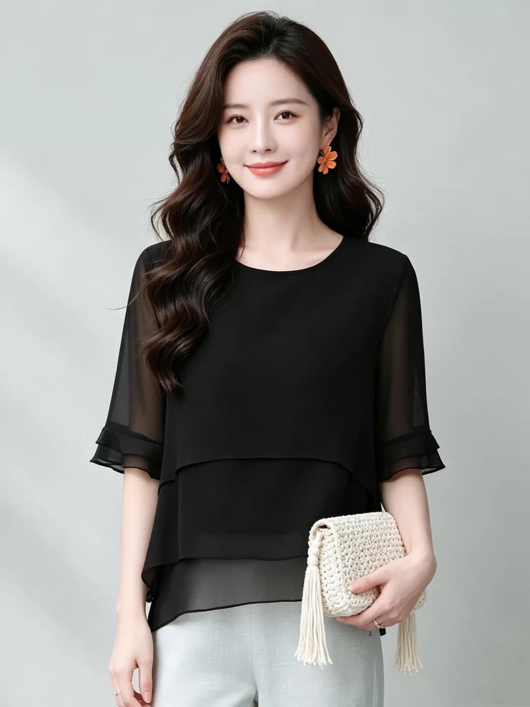 여름 반팔 시폰 셔츠 여성 2026 년 새로운 빅 사이즈 루즈핏 슬림해 보이는 표지 배 작은 셔츠 외국 가스 엄마 맨위 상세 이미지 13