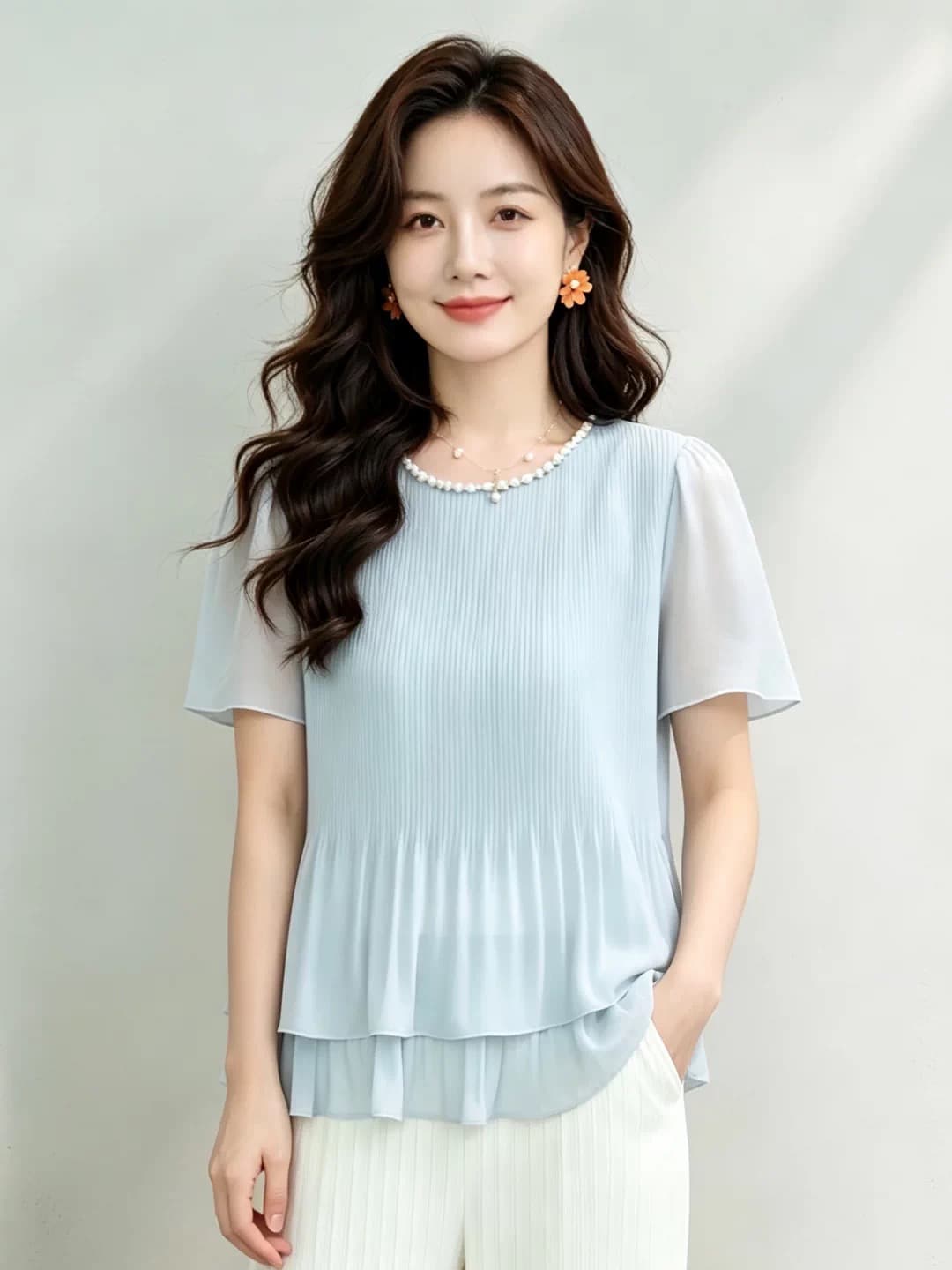 2026 여름 새로운 주문 구슬 프릴 라운드 넥 여성 다용도 슬림해 보이는 반팔 맨위 상세 이미지 3