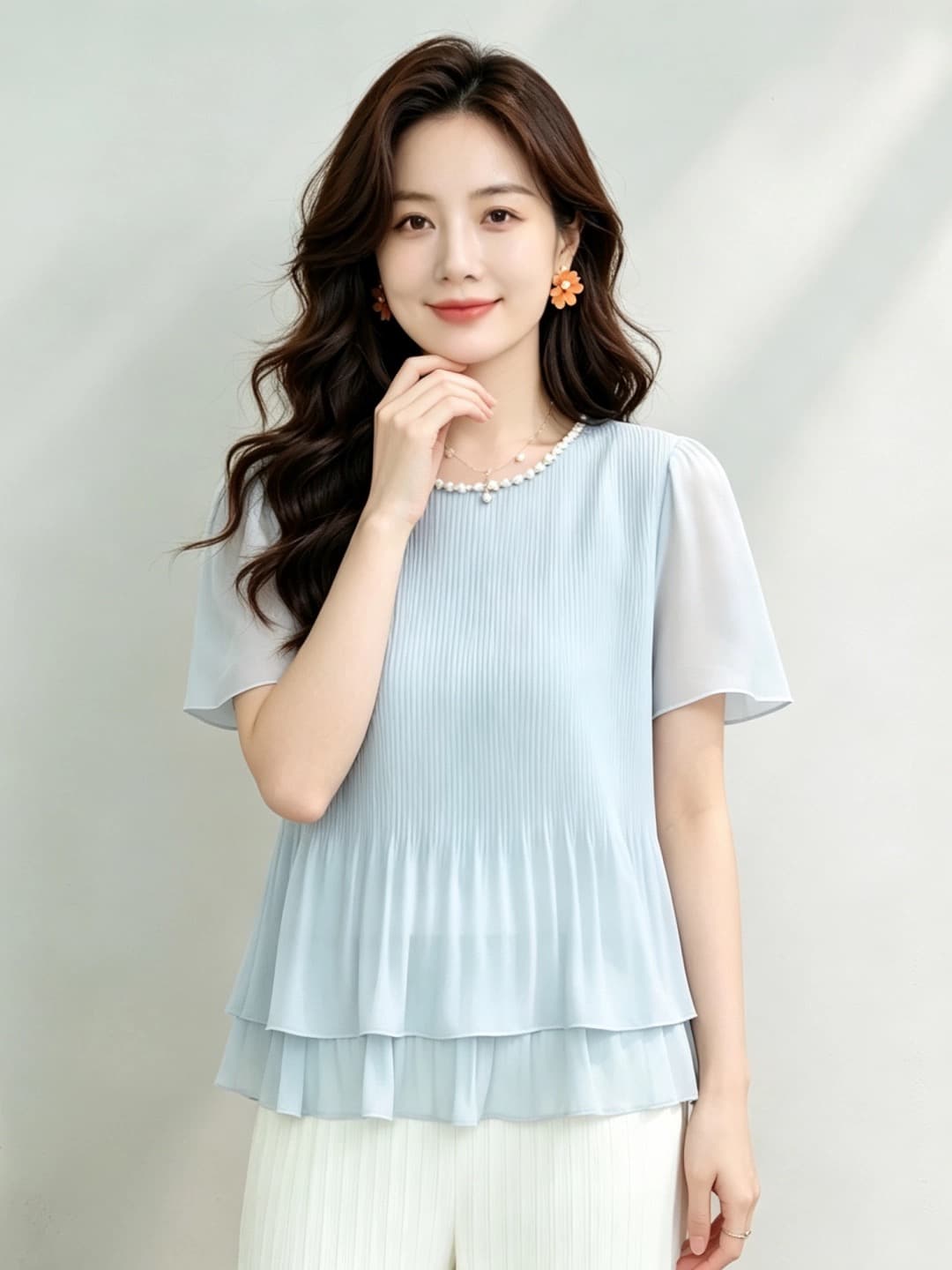 2026 여름 새로운 주문 구슬 프릴 라운드 넥 여성 다용도 슬림해 보이는 반팔 맨위 상세 이미지 5