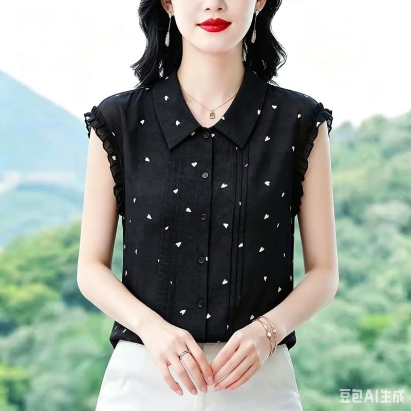 2026 새로운 패션 다용도 하트 프린트 민소매 셔츠 여름 외국 가스 여성 셔츠 상세 이미지 2
