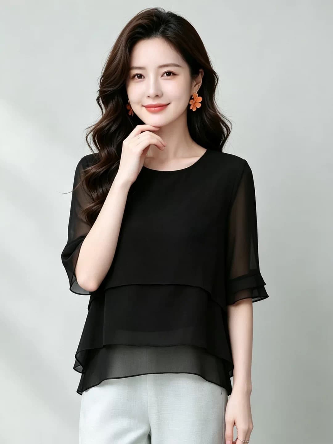 2026 새로운 루즈핏 슬림해 보이는 표지 미트볼 칼라 레이스 5 점 소매 작은 셔츠 여성 여름 얇은 스타일 출퇴근 맨위 이미지 2