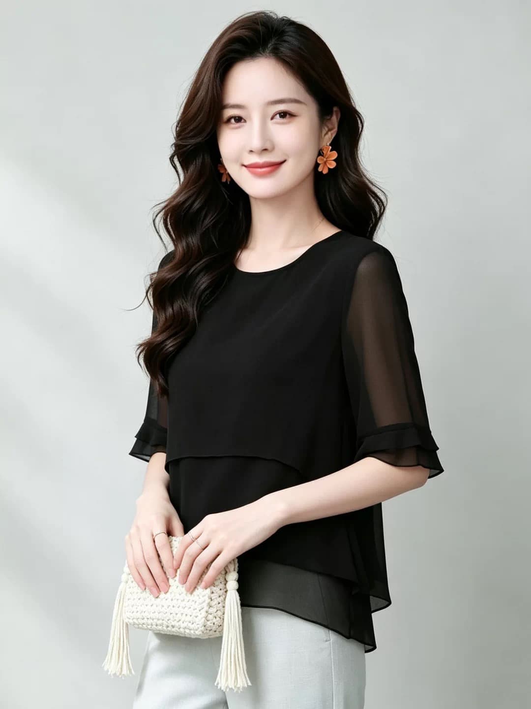 2026 새로운 루즈핏 슬림해 보이는 표지 미트볼 칼라 레이스 5 점 소매 작은 셔츠 여성 여름 얇은 스타일 출퇴근 맨위 이미지 4