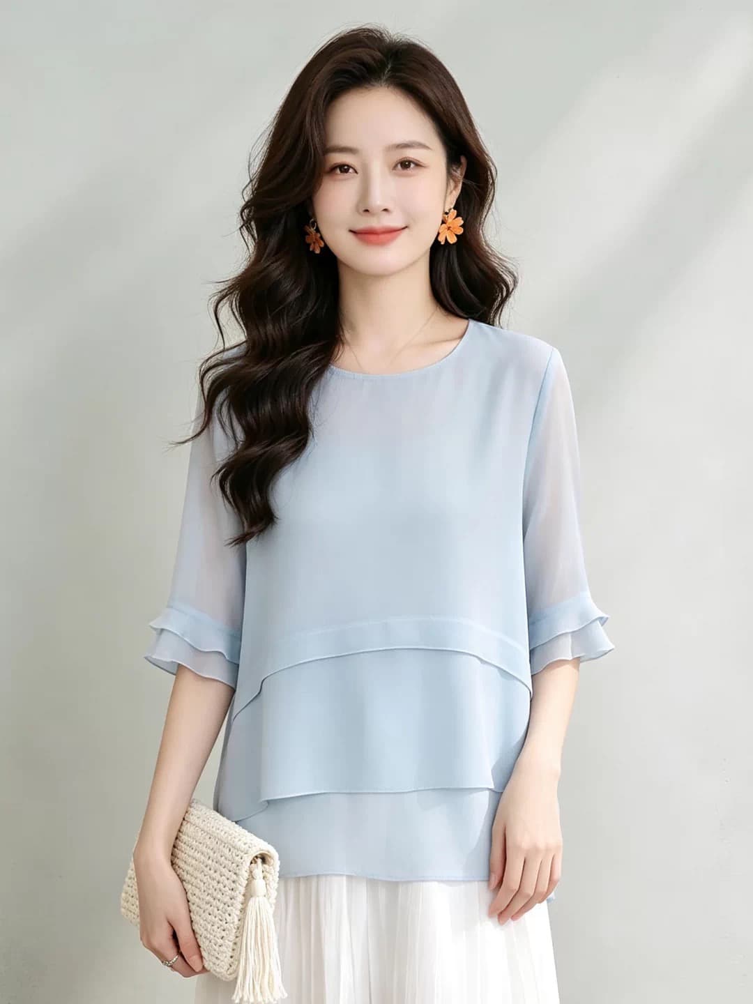 2026 새로운 루즈핏 슬림해 보이는 표지 미트볼 칼라 레이스 5 점 소매 작은 셔츠 여성 여름 얇은 스타일 출퇴근 맨위 이미지 3
