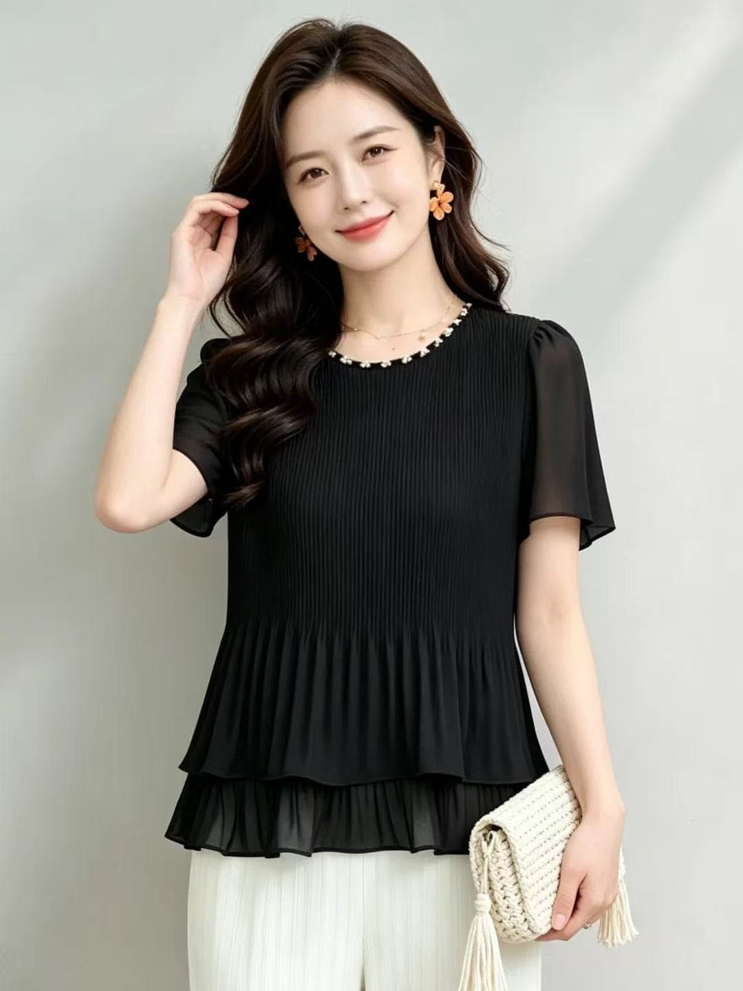 실사 2026 새로운 루즈핏 슬림해 보이는 표지 미트볼 칼라 레이스 5 점 소매 작은 셔츠 여성 여름 얇은 스타일 맨위 상세 이미지 1