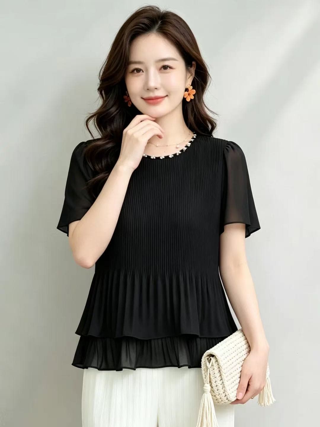 실사 2026 새로운 루즈핏 슬림해 보이는 표지 미트볼 칼라 레이스 5 점 소매 작은 셔츠 여성 여름 얇은 스타일 맨위 상세 이미지 3