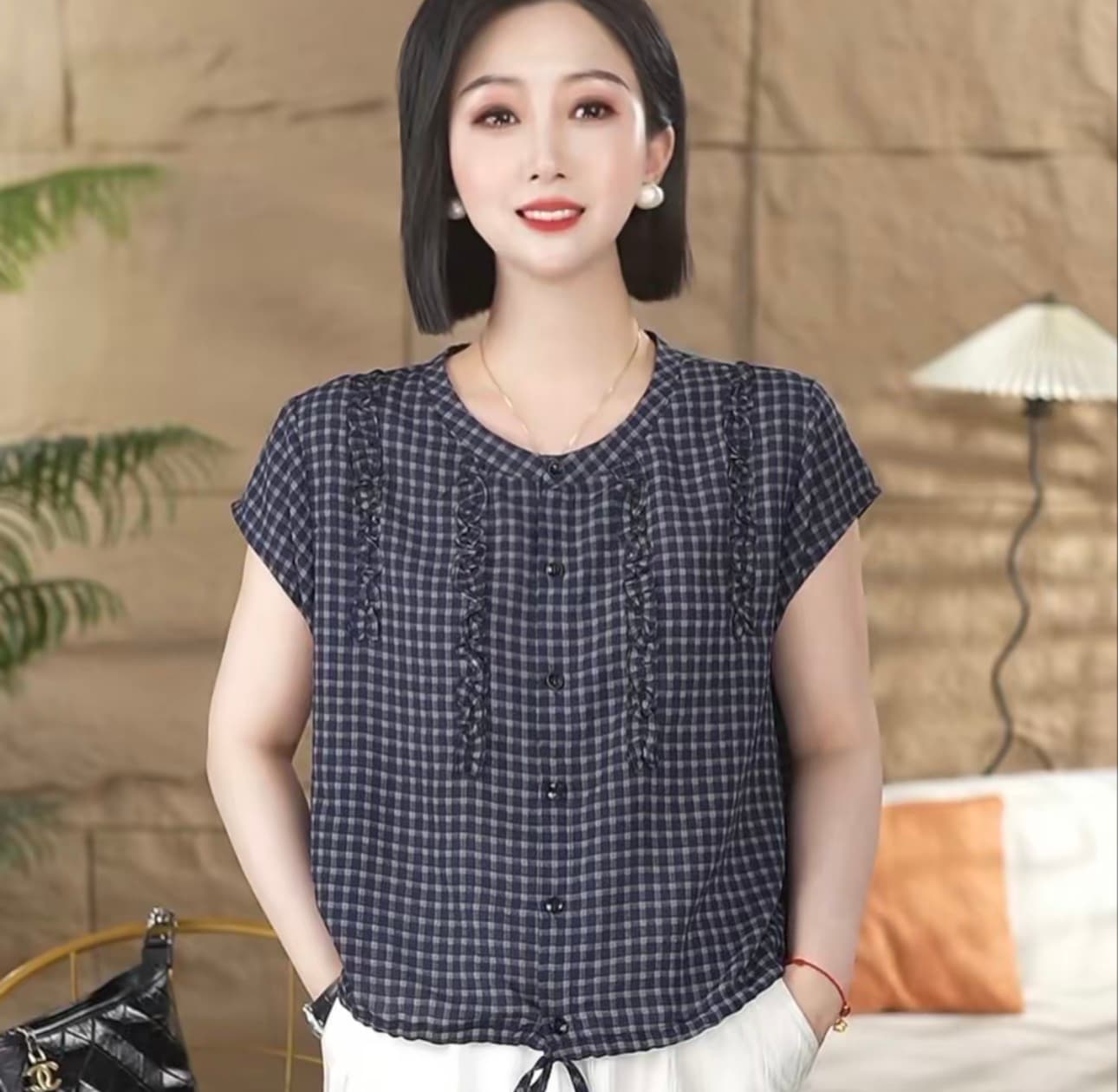 여름 새로운 체크무늬 레이스 밑단 펌프 로프 셔츠 품격 맨위 패션 다용도 좋아 보인다. 불 투수 고기 연령 감소 이미지 3