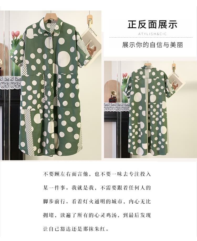 실사 높은 품질 여름 여성 의류 새로운 한국 스타일 도트 루즈핏 중간 길이 순면 반팔 셔츠 드레스 상세 이미지 3