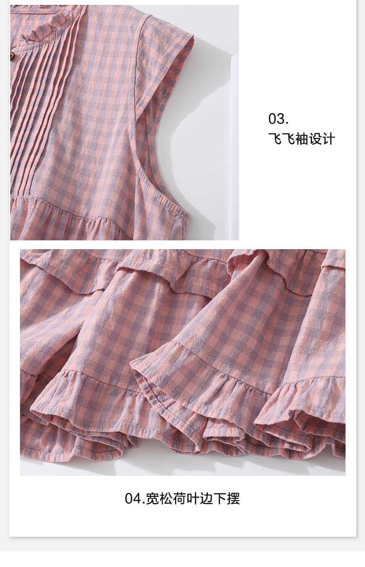 실사 빅 사이즈 여성 의류 한 부서 프릴 레트로 체크무늬 패치워크 민소매 여성 셔츠 루즈핏 캐주얼 조끼 맨위 상세 이미지 5