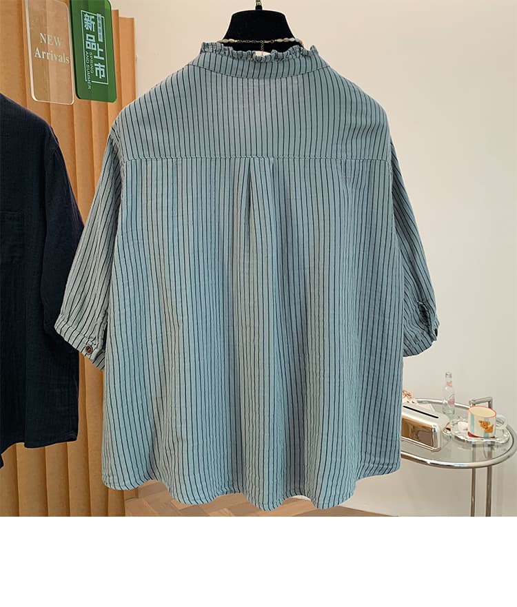 실사 있음 선적 문예 이중층 면사 프릴 칼라 스트라이프 반팔 셔츠 다용도 루즈핏 슬림해 보이는 셔츠 여성 상세 이미지 21