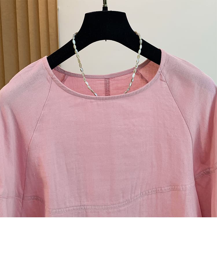 실사 있음 선적 레트로 문예 이중층 면사 풀오버 셔츠 루즈핏 슬림해 보이는 라운드 넥 반팔 셔츠 티셔츠 여성 여름 상세 이미지 27