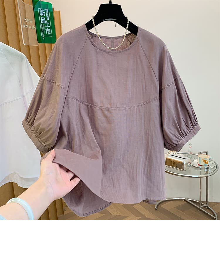 실사 있음 선적 레트로 문예 이중층 면사 풀오버 셔츠 루즈핏 슬림해 보이는 라운드 넥 반팔 셔츠 티셔츠 여성 여름 상세 이미지 31