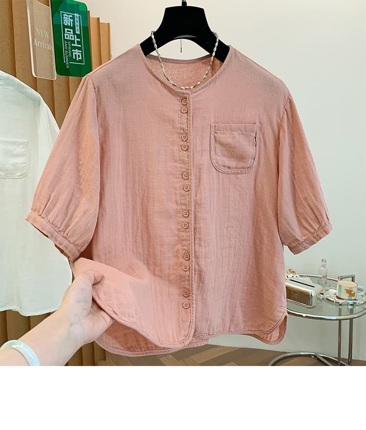 실사 있음 선적 여름 이중층 면사 반팔 캐주얼 편안함 다용도 미니멀리즘 단색 맨위 문예 여성 의류 상세 이미지 20