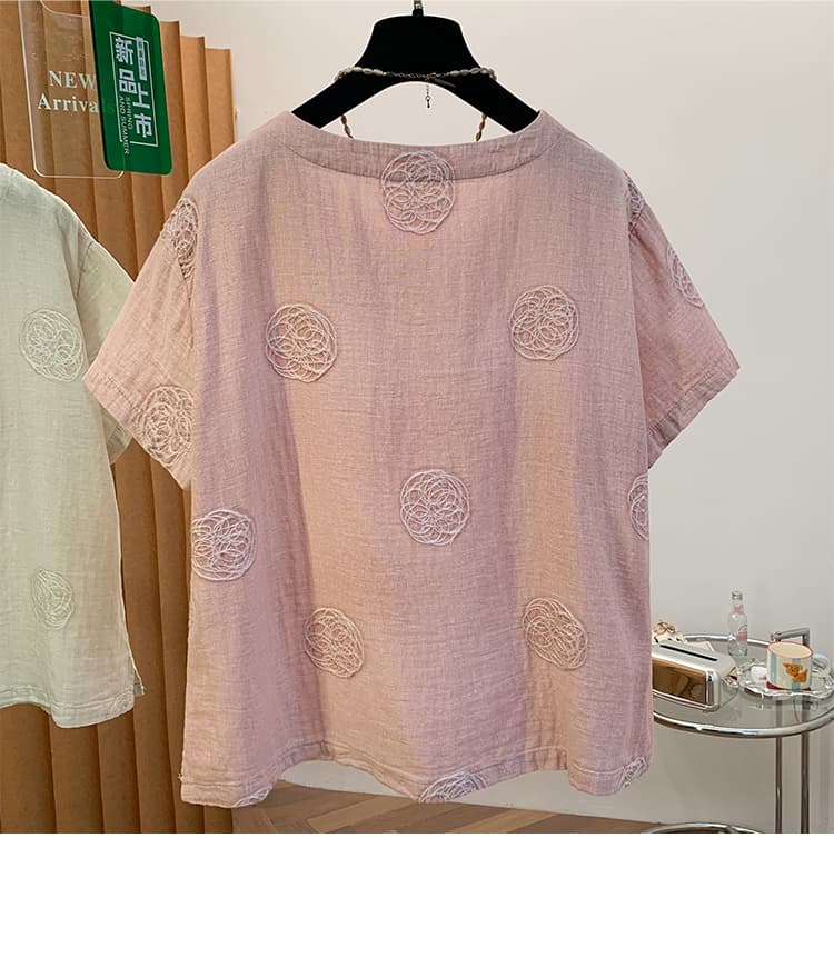 실사 있음 선적 레트로 문예 자수 반팔 티셔츠 여성 여름 라운드 넥 이중층 면사 부드럽다 캐주얼 맨위 상세 이미지 22