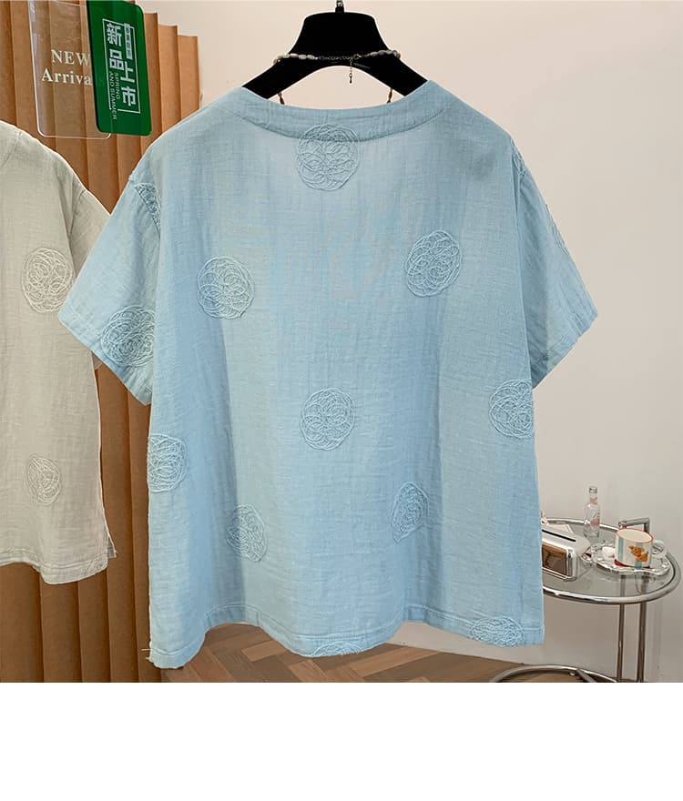 실사 있음 선적 레트로 문예 자수 반팔 티셔츠 여성 여름 라운드 넥 이중층 면사 부드럽다 캐주얼 맨위 상세 이미지 28