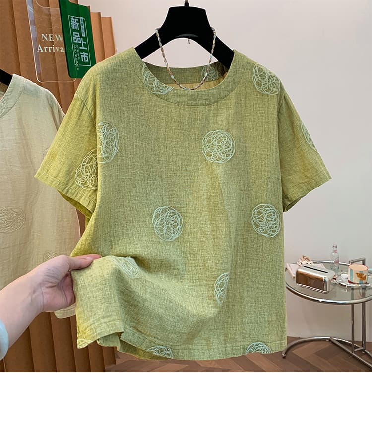 실사 있음 선적 레트로 문예 자수 반팔 티셔츠 여성 여름 라운드 넥 이중층 면사 부드럽다 캐주얼 맨위 상세 이미지 39