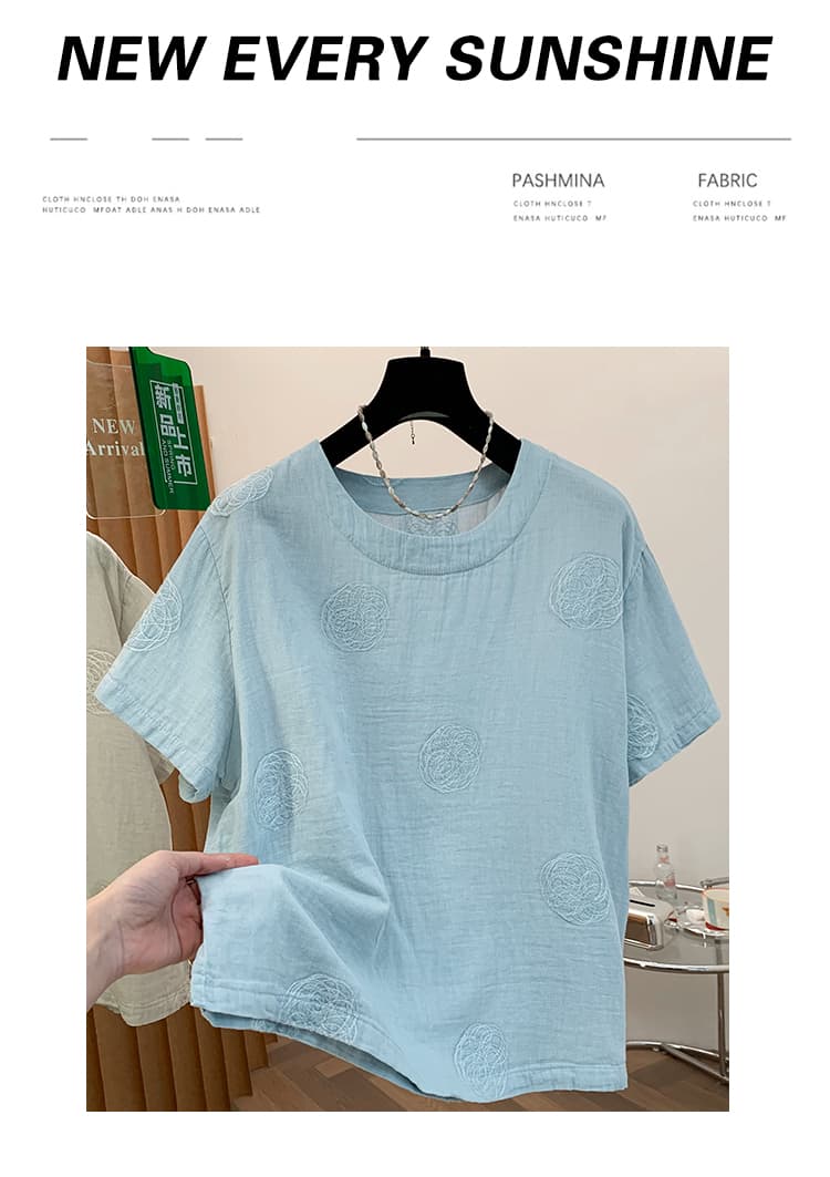 실사 있음 선적 레트로 문예 자수 반팔 티셔츠 여성 여름 셔츠 라운드 넥 이중층 면사 부드럽다 맨위 상세 이미지 2